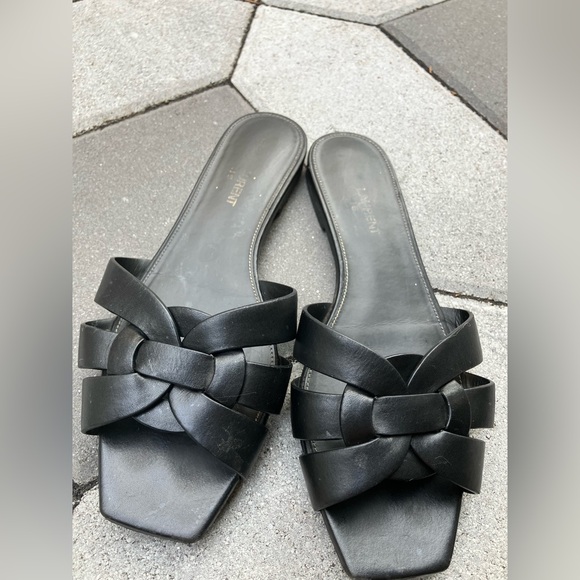 Saint Laurent Tribute Sandal Flat Mules Black Slides Smooth Leather - Picture 6 of 9